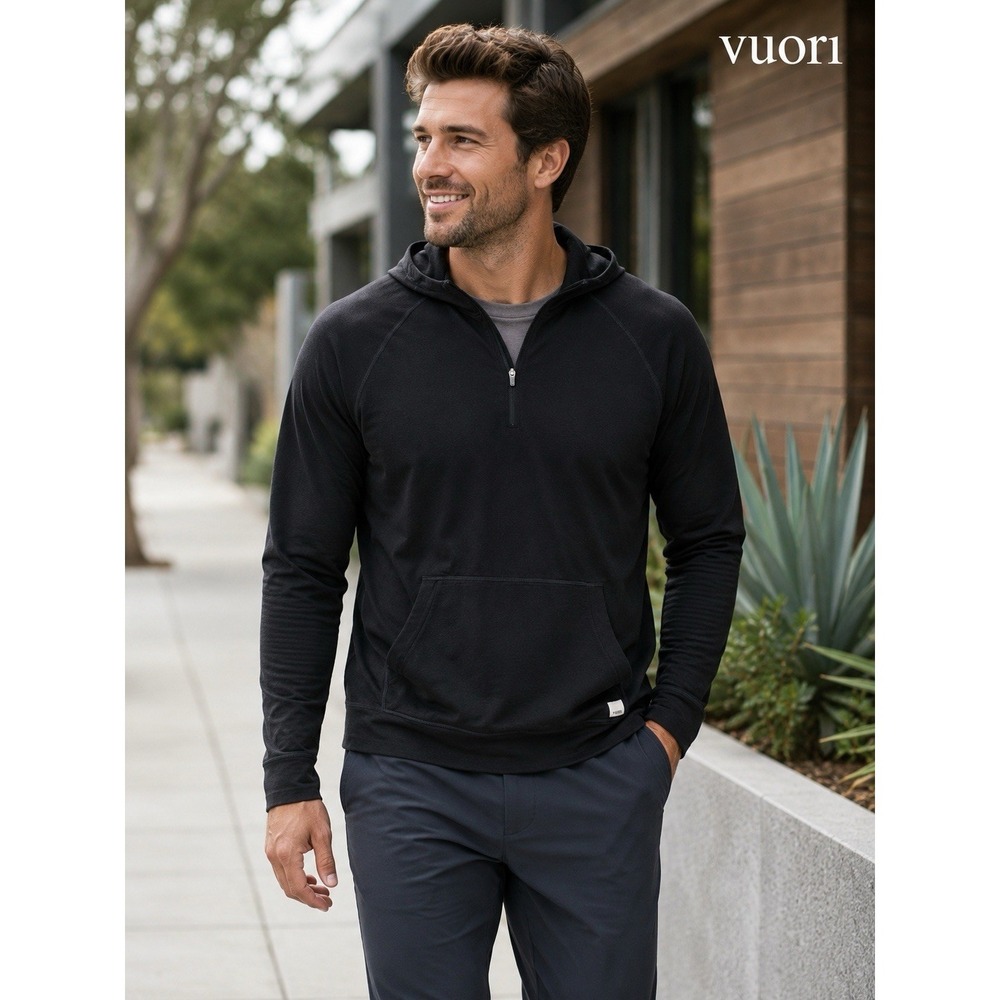 Vuori Ponto Performance Half Zip Hoodie Men Small Black Stretch Moisture Wicking